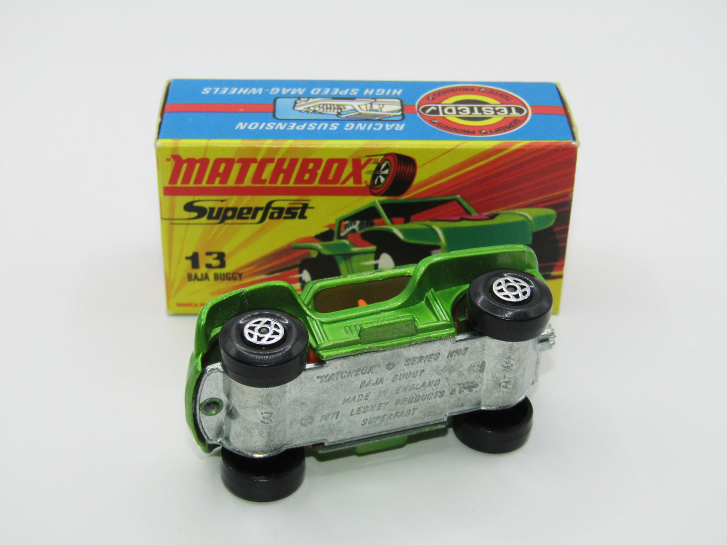 Matchbox Superfast No 13B Baja Buggy DARK METALLIC Green, Red Flower Label Red Engine Pipes