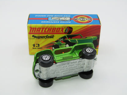 Matchbox Superfast No 13B Baja Buggy DARK METALLIC Green, Red Flower Label Red Engine Pipes