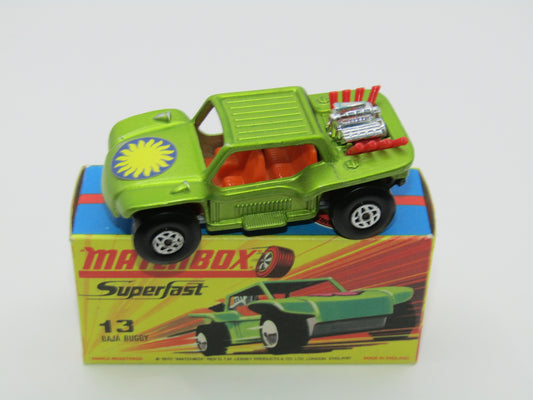 Matchbox Superfast No 13B Baja Buggy SUN LABEL RED Engine Pipes, Orange Interior