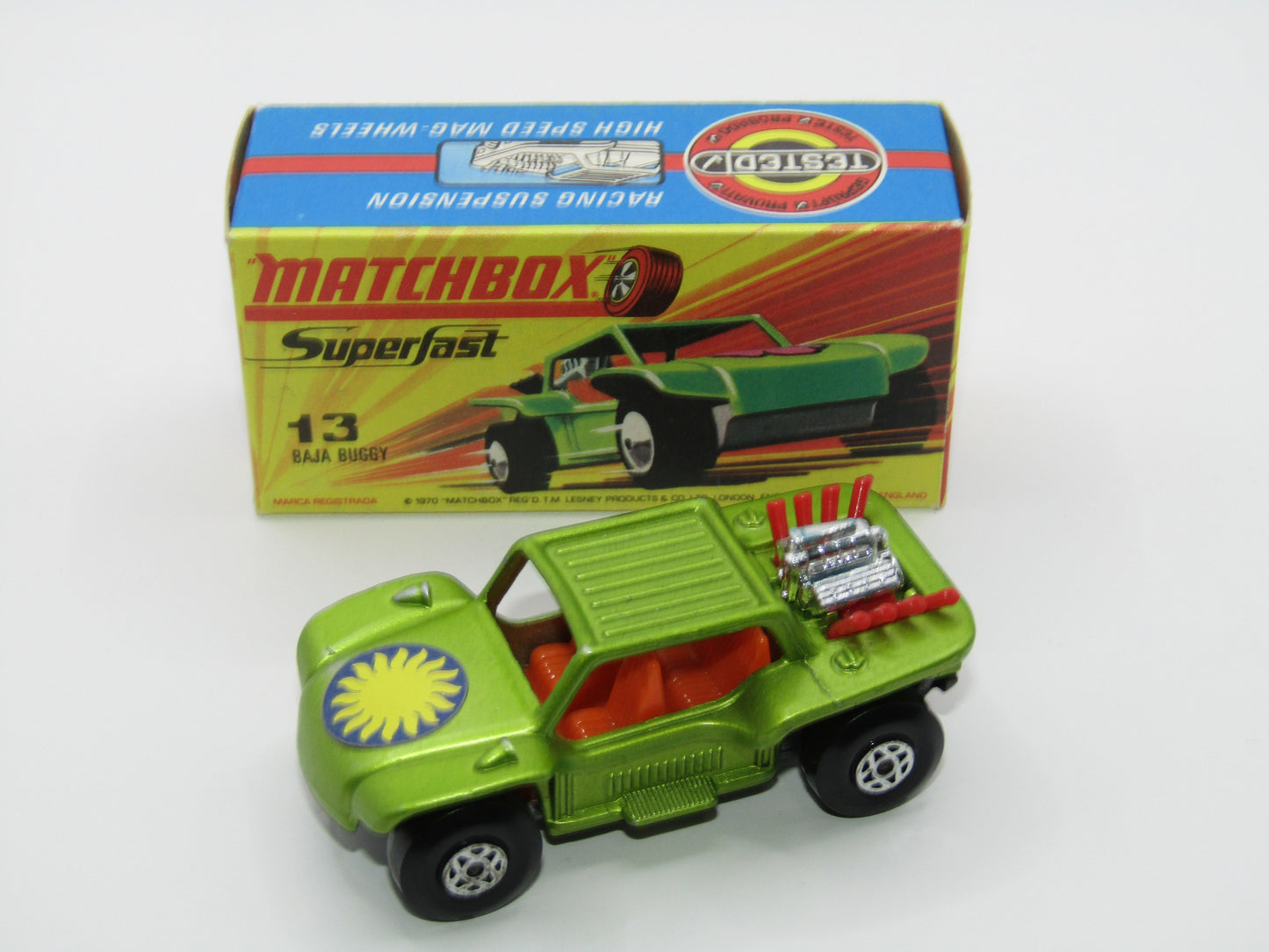 Matchbox Superfast No 13B Baja Buggy SUN LABEL RED Engine Pipes, Orange Interior
