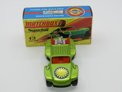 Matchbox Superfast No 13B Baja Buggy SUN LABEL RED Engine Pipes, Orange Interior