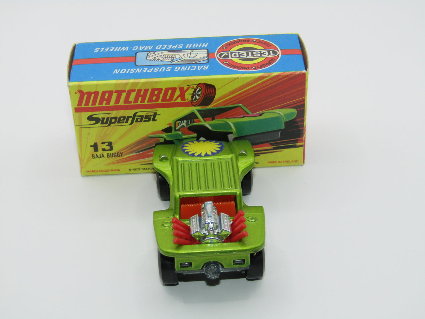 Matchbox Superfast No 13B Baja Buggy SUN LABEL RED Engine Pipes, Orange Interior