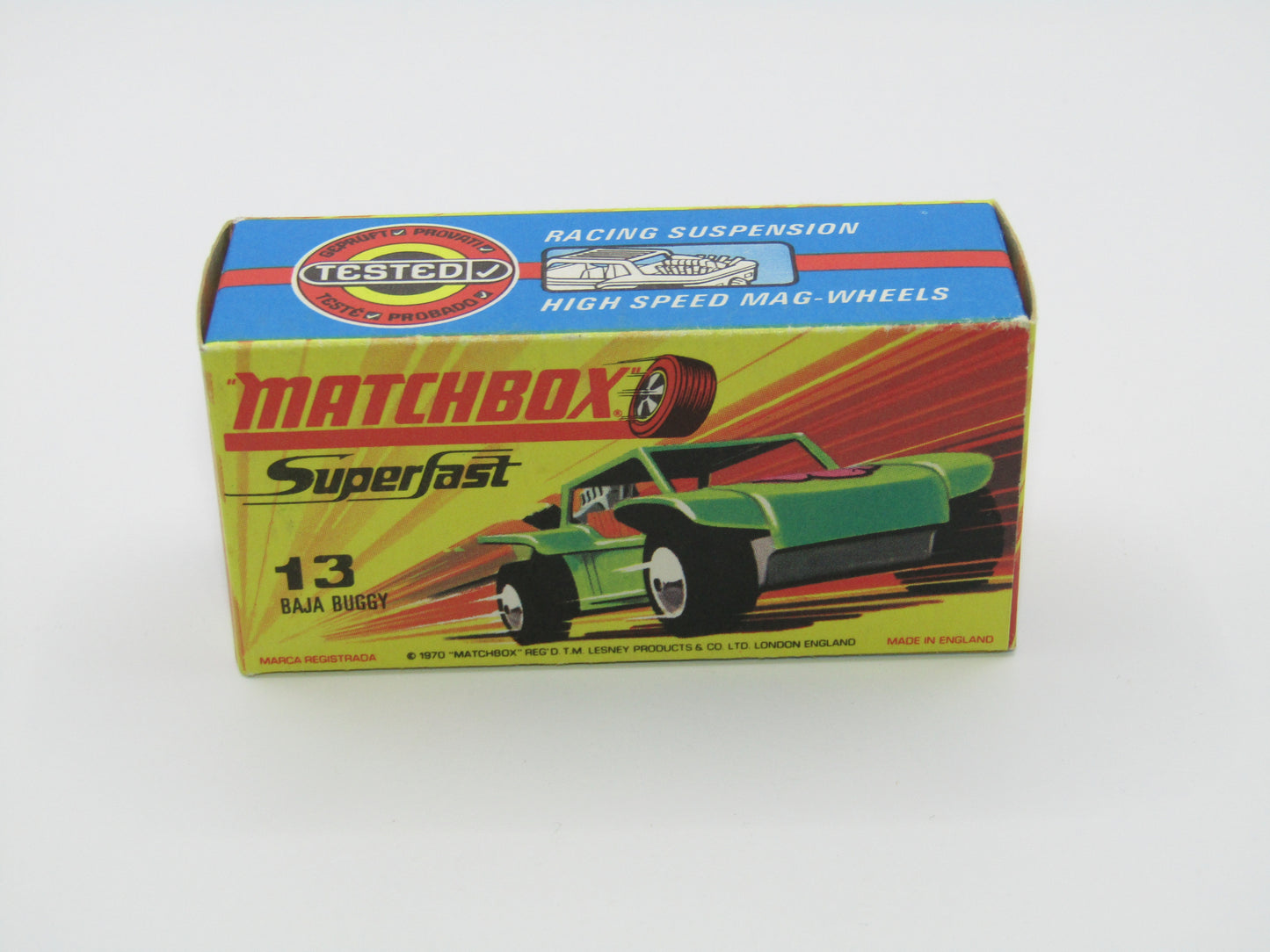 Matchbox Superfast No 13B Baja Buggy SUN LABEL RED Engine Pipes, Orange Interior
