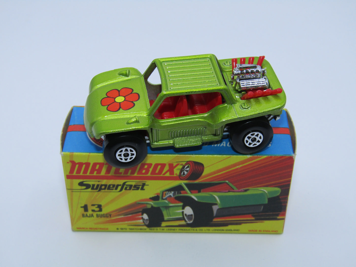 Matchbox Superfast No 13B Baja Buggy Light Metallic Green, Red Interior, Red Engine Pipes
