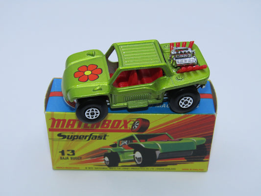 Matchbox Superfast No 13B Baja Buggy Light Metallic Green, Red Interior, Red Engine Pipes