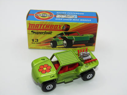 Matchbox Superfast No 13B Baja Buggy Light Metallic Green, Red Interior, Red Engine Pipes