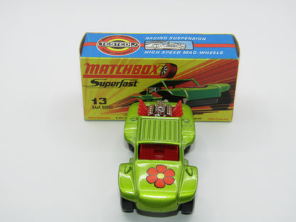 Matchbox Superfast No 13B Baja Buggy Light Metallic Green, Red Interior, Red Engine Pipes