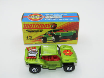 Matchbox Superfast No 13B Baja Buggy Light Metallic Green, Red Interior, Red Engine Pipes