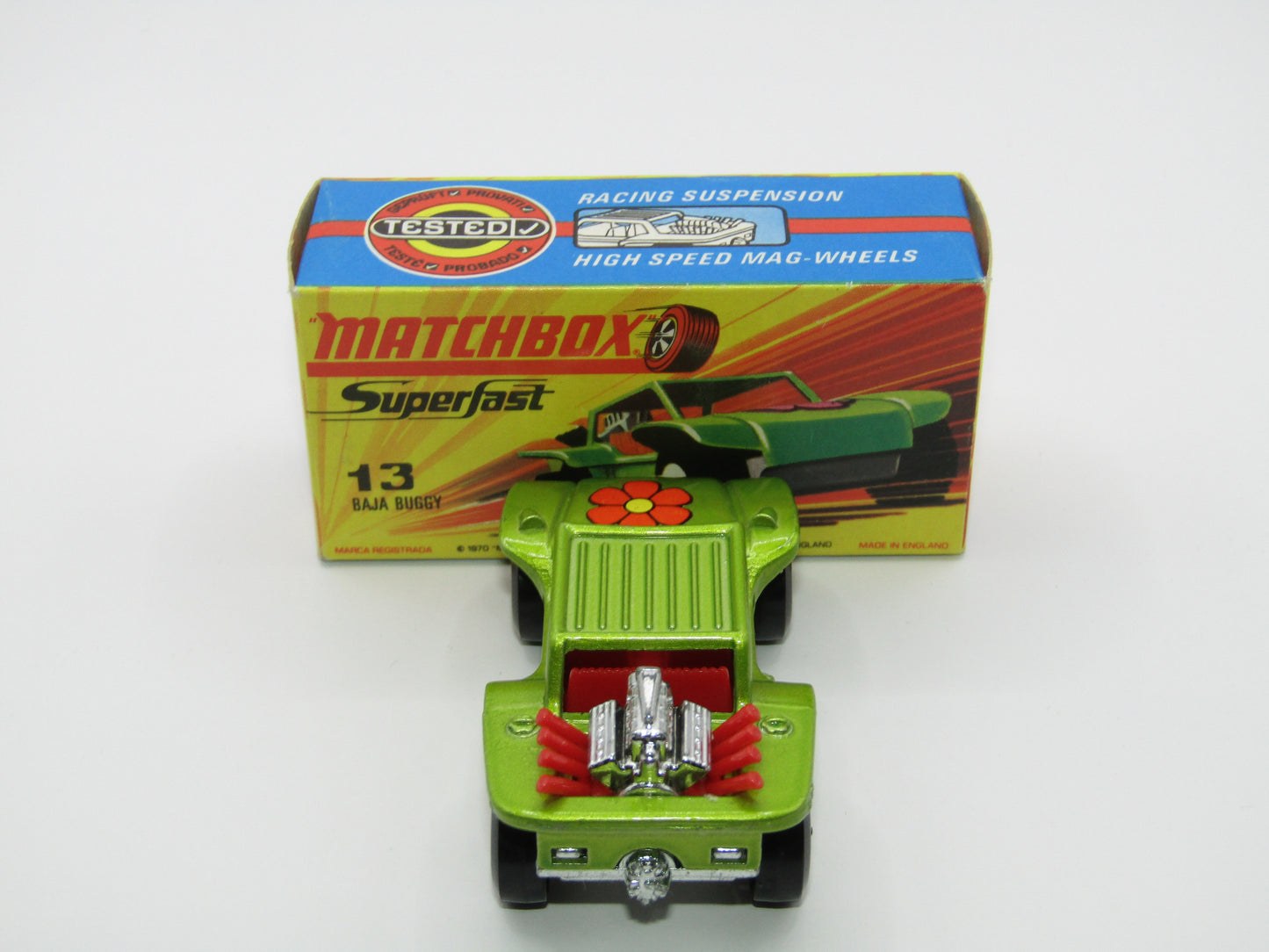 Matchbox Superfast No 13B Baja Buggy Light Metallic Green, Red Interior, Red Engine Pipes