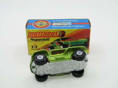 Matchbox Superfast No 13B Baja Buggy Light Metallic Green, Red Interior, Red Engine Pipes