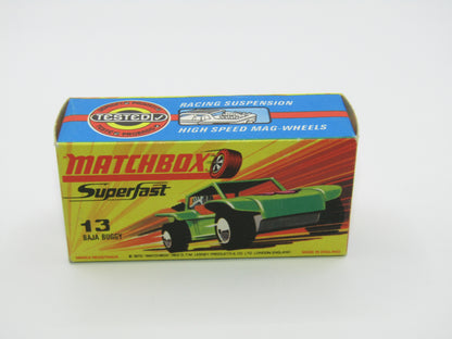 Matchbox Superfast No 13B Baja Buggy Light Metallic Green, Red Interior, Red Engine Pipes