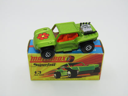 Matchbox Superfast No 13B Baja Buggy Light Metallic Green, Orange Interior, Black Engine Pipes