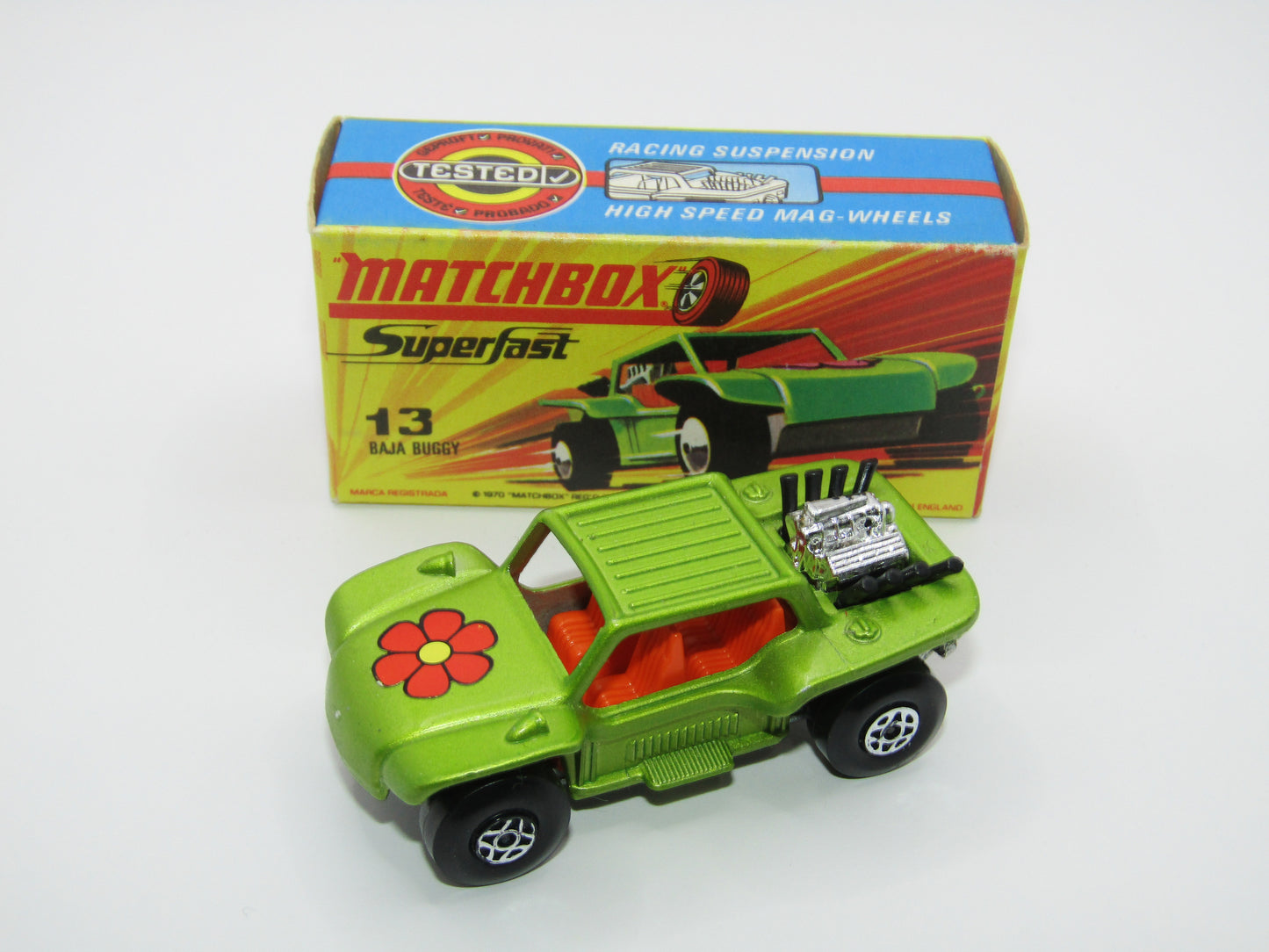 Matchbox Superfast No 13B Baja Buggy Light Metallic Green, Orange Interior, Black Engine Pipes