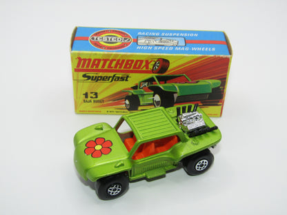 Matchbox Superfast No 13B Baja Buggy Light Metallic Green, Orange Interior, Black Engine Pipes