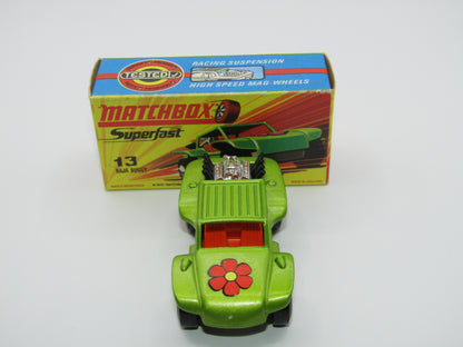 Matchbox Superfast No 13B Baja Buggy Light Metallic Green, Orange Interior, Black Engine Pipes