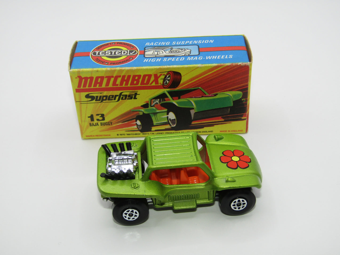 Matchbox Superfast No 13B Baja Buggy Light Metallic Green, Orange Interior, Black Engine Pipes