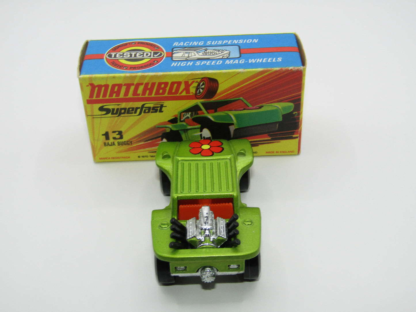 Matchbox Superfast No 13B Baja Buggy Light Metallic Green, Orange Interior, Black Engine Pipes