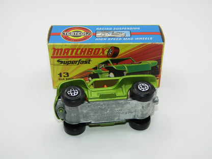 Matchbox Superfast No 13B Baja Buggy Light Metallic Green, Orange Interior, Black Engine Pipes