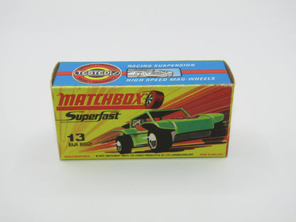 Matchbox Superfast No 13B Baja Buggy Light Metallic Green, Orange Interior, Black Engine Pipes