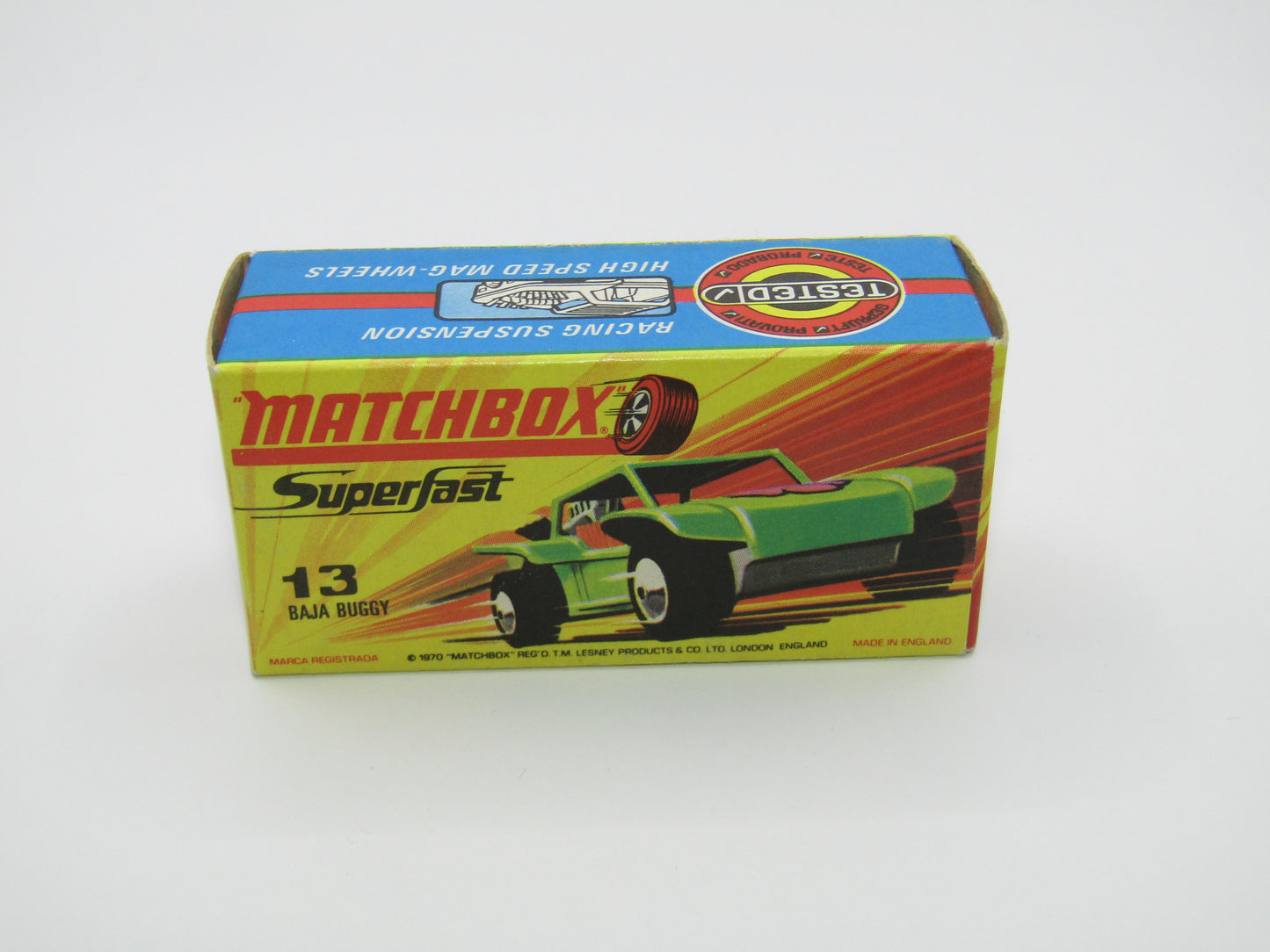 Matchbox Superfast No 13B Baja Buggy Light Metallic Green, Orange Interior, Black Engine Pipes