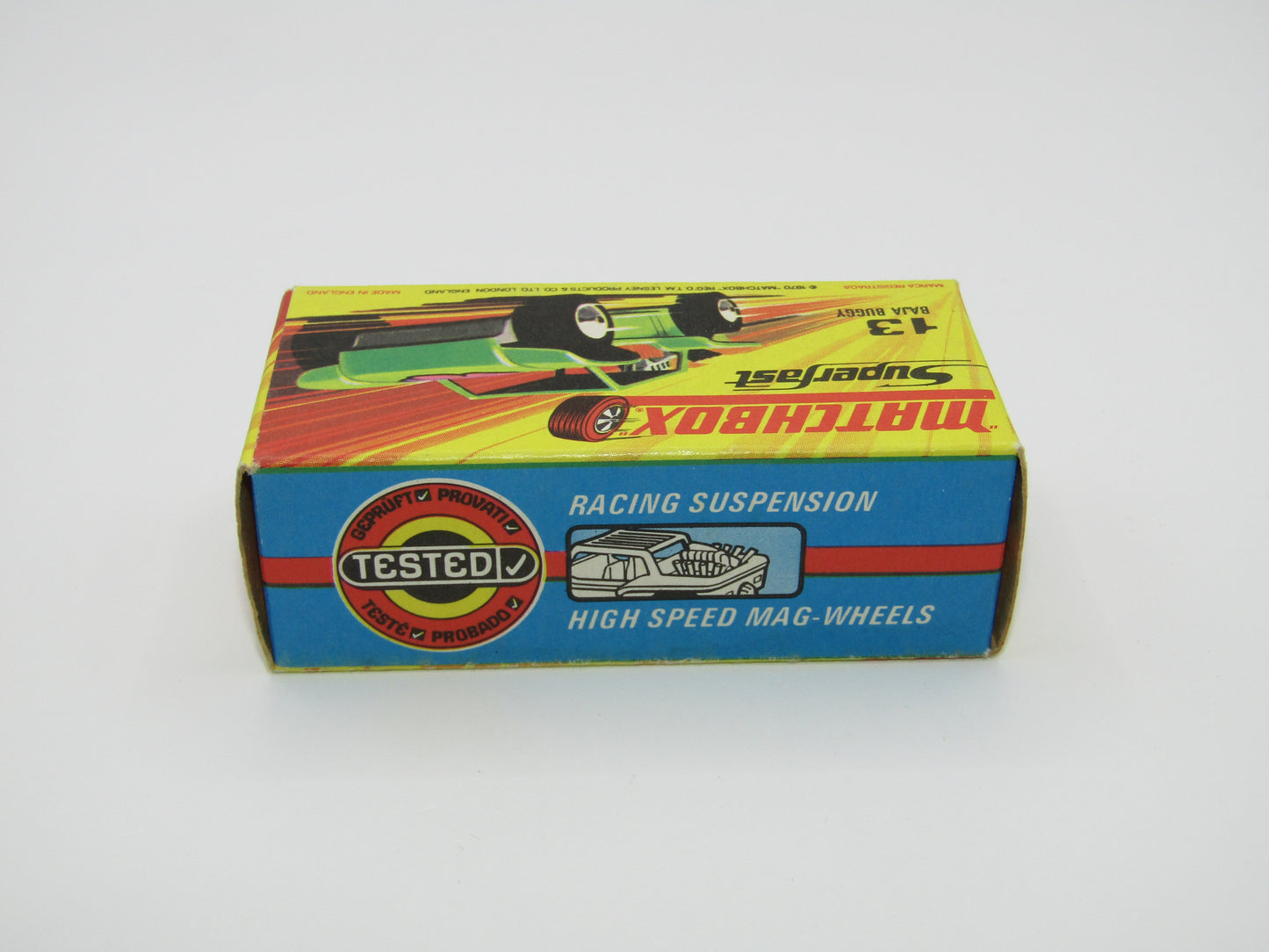 Matchbox Superfast No 13B Baja Buggy Light Metallic Green, Orange Interior, Black Engine Pipes