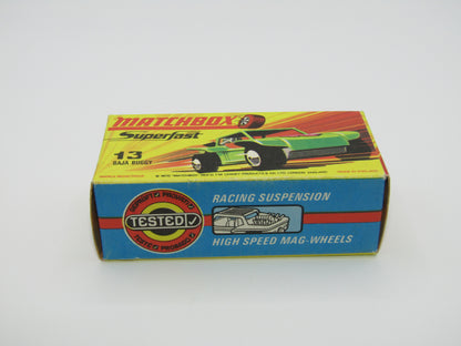 Matchbox Superfast No 13B Baja Buggy Light Metallic Green, Orange Interior, Black Engine Pipes
