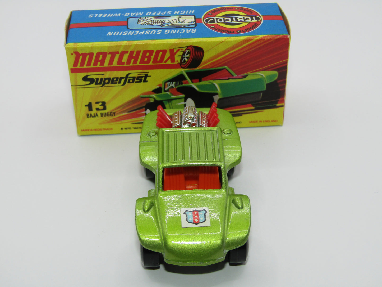 Matchbox Superfast No 13B Baja Buggy Light Metallic Green, Orange Interior, POLICE Shield Label