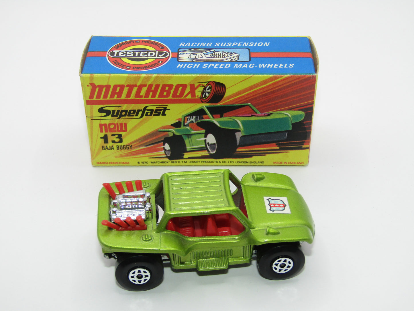 Matchbox Superfast No 13B Baja Buggy Light Metallic Green, RED Interior, POLICE Shield Label