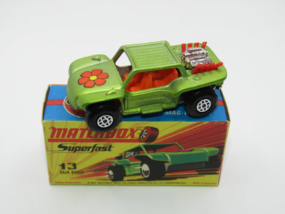 Matchbox Superfast No 13B Baja Buggy Very PALE LIGHT Metallic Green, Red Engine Pipes