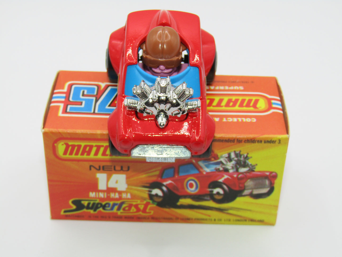 Matchbox Superfast No 14B Mini Ha-Ha PURPLE Driver Light Brown Helmet Not Recommended Box