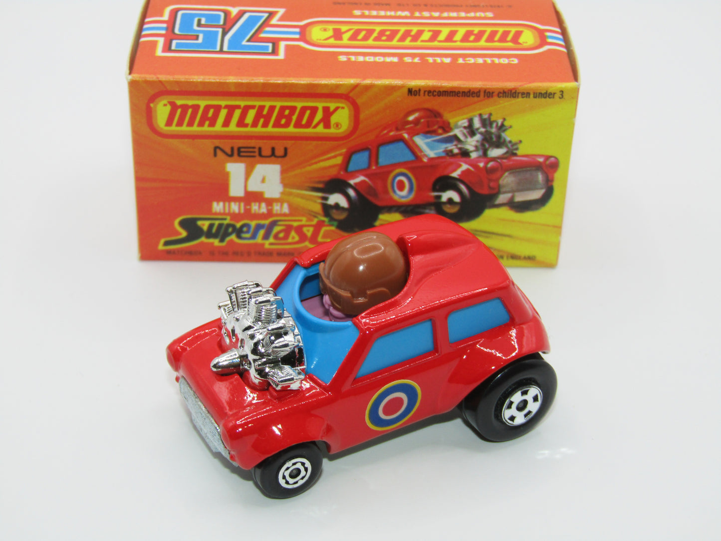 Matchbox Superfast No 14B Mini Ha-Ha PURPLE Driver Light Brown Helmet Not Recommended Box