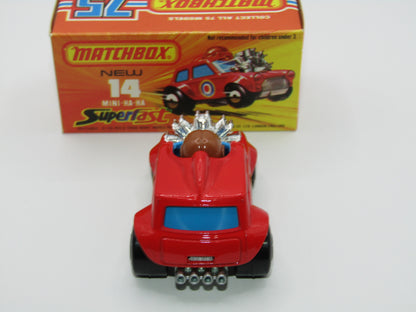Matchbox Superfast No 14B Mini Ha-Ha PURPLE Driver Light Brown Helmet Not Recommended Box