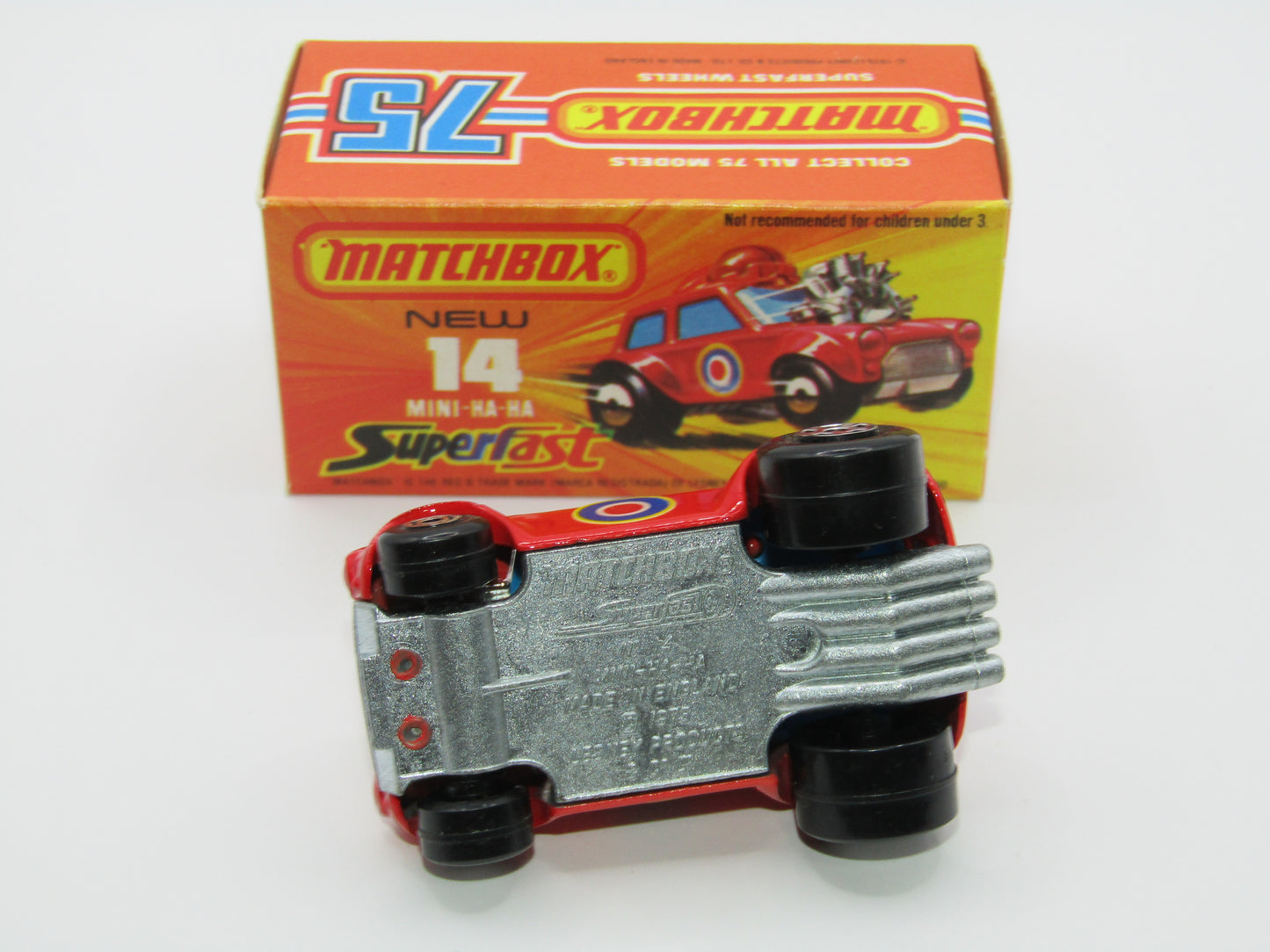 Matchbox Superfast No 14B Mini Ha-Ha PURPLE Driver Light Brown Helmet Not Recommended Box