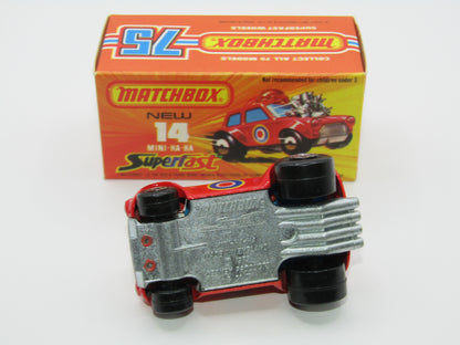 Matchbox Superfast No 14B Mini Ha-Ha PURPLE Driver Light Brown Helmet Not Recommended Box