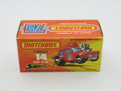 Matchbox Superfast No 14B Mini Ha-Ha PURPLE Driver Light Brown Helmet Not Recommended Box