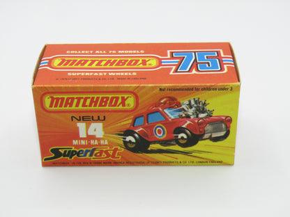 Matchbox Superfast No 14B Mini Ha-Ha PURPLE Driver Light Brown Helmet Not Recommended Box