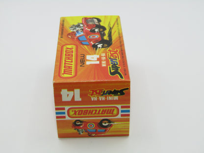 Matchbox Superfast No 14B Mini Ha-Ha PURPLE Driver Light Brown Helmet Not Recommended Box