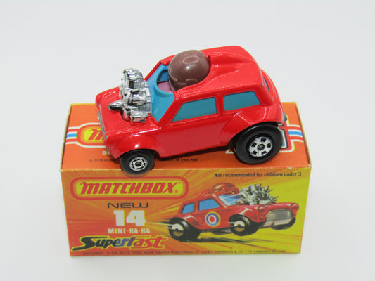 Matchbox Superfast No 14B Mini Ha-Ha PURPLE Driver, DARK Brown Helmet, No Labels, Not Recommended Box