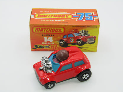 Matchbox Superfast No 14B Mini Ha-Ha PURPLE Driver, DARK Brown Helmet, No Labels, Not Recommended Box