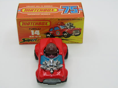 Matchbox Superfast No 14B Mini Ha-Ha PURPLE Driver, DARK Brown Helmet, No Labels, Not Recommended Box