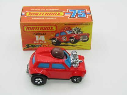 Matchbox Superfast No 14B Mini Ha-Ha PURPLE Driver, DARK Brown Helmet, No Labels, Not Recommended Box