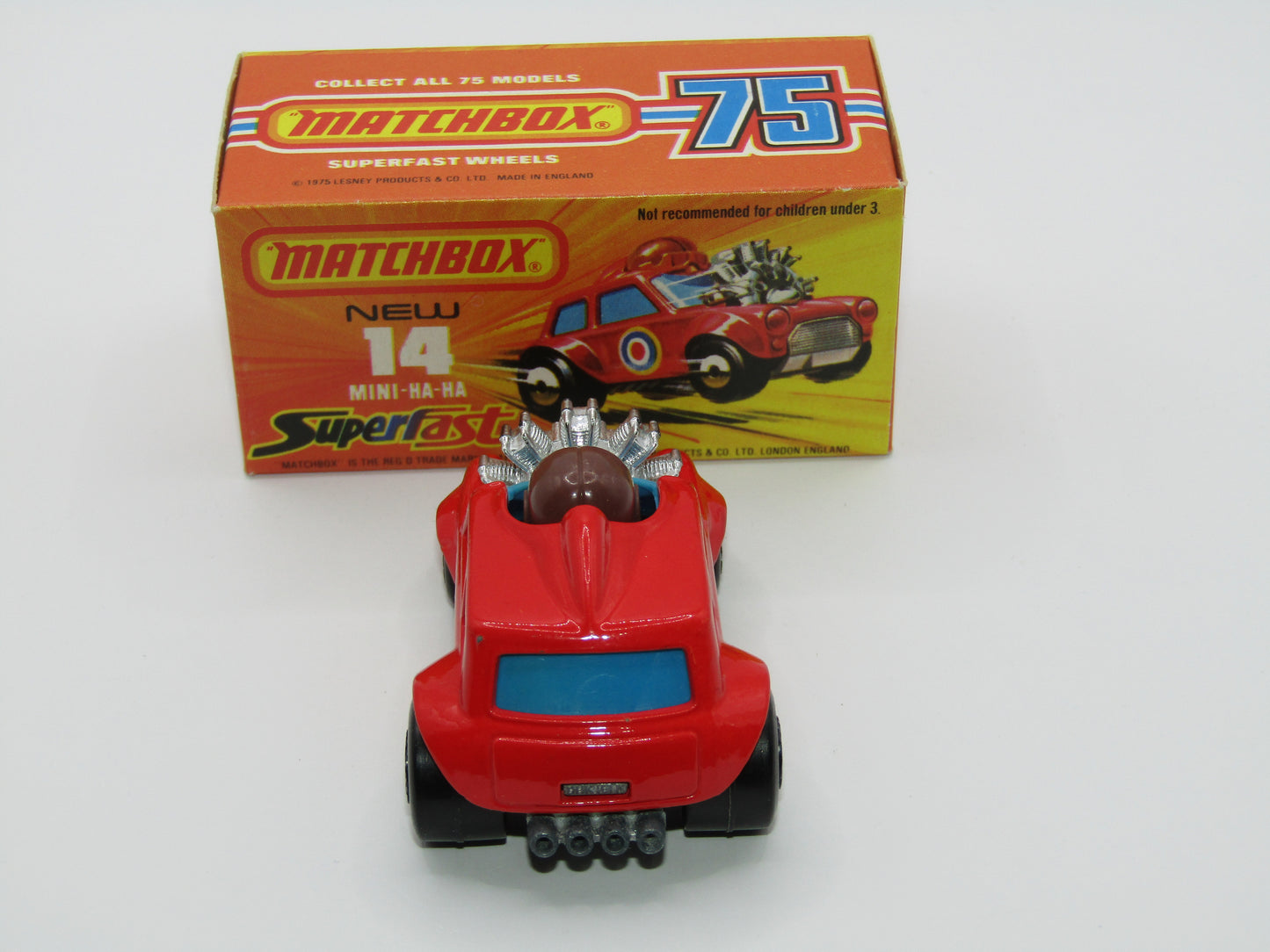 Matchbox Superfast No 14B Mini Ha-Ha PURPLE Driver, DARK Brown Helmet, No Labels, Not Recommended Box