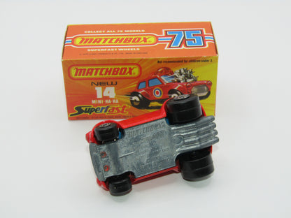 Matchbox Superfast No 14B Mini Ha-Ha PURPLE Driver, DARK Brown Helmet, No Labels, Not Recommended Box