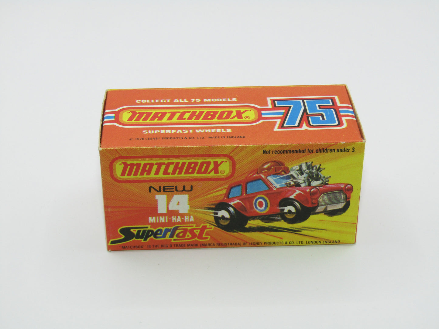 Matchbox Superfast No 14B Mini Ha-Ha PURPLE Driver, DARK Brown Helmet, No Labels, Not Recommended Box