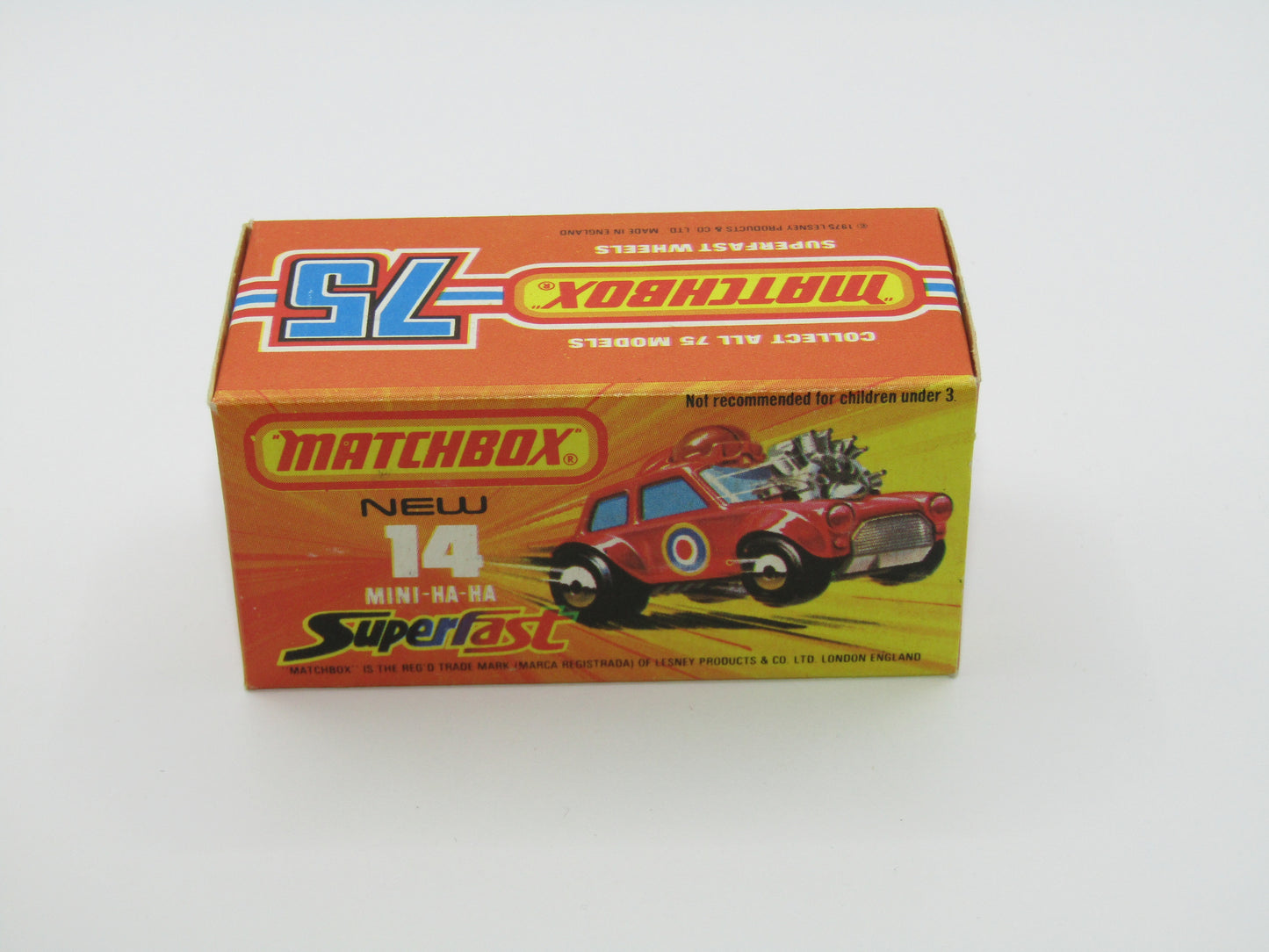 Matchbox Superfast No 14B Mini Ha-Ha PURPLE Driver, DARK Brown Helmet, No Labels, Not Recommended Box