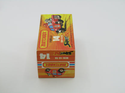 Matchbox Superfast No 14B Mini Ha-Ha PURPLE Driver, DARK Brown Helmet, No Labels, Not Recommended Box