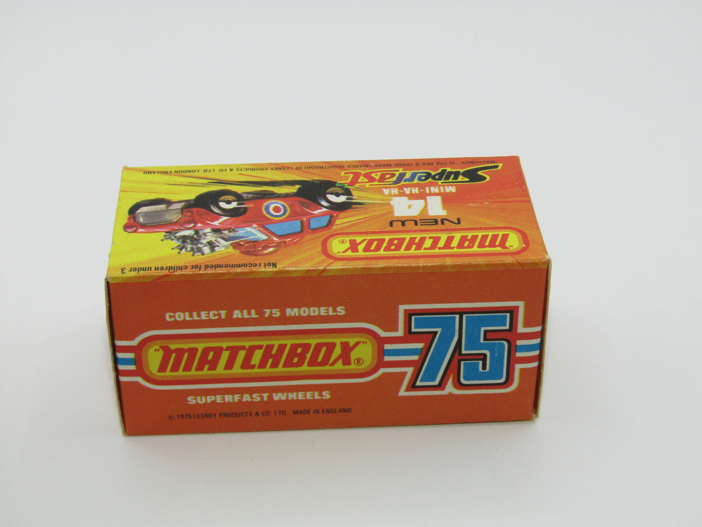 Matchbox Superfast No 14B Mini Ha-Ha PURPLE Driver, DARK Brown Helmet, No Labels, Not Recommended Box