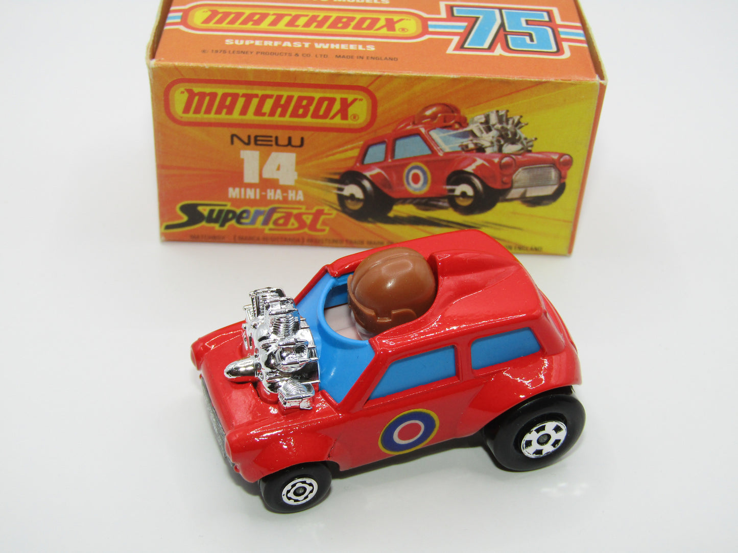 Matchbox Superfast No 14B Mini Ha-Ha LIGHT PINK Driver, Light Brown Helmet, 4 Colour Labels