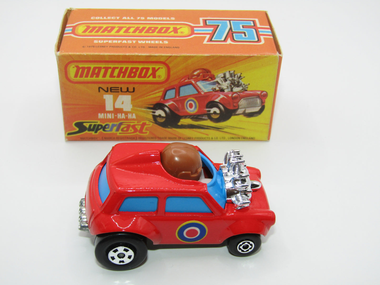 Matchbox Superfast No 14B Mini Ha-Ha LIGHT PINK Driver, Light Brown Helmet, 4 Colour Labels
