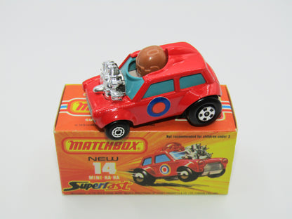 Matchbox Superfast No 14B Mini Ha-Ha LIGHT PINK Driver, Light Brown Helmet, 2 Colour Labels , GREEN Windows, Not Recommeded Box